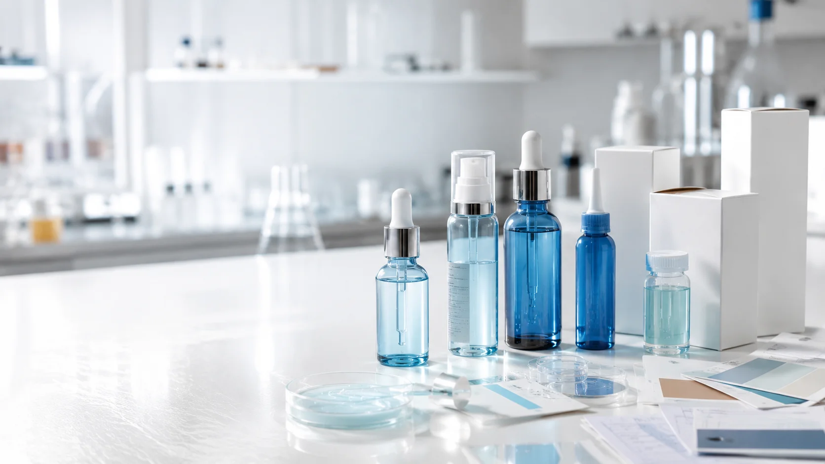 Transparent blue bottles and packaging arranged neatly on a clean white laboratory counter with scientific equipment in the background.